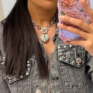 Rare silver tone vintage  RJ Graziano choker chain with rhinestone heart